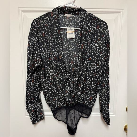 Free People Long Sleeve Bodysuit Ladylike Printed Black/Red Small New - Picture 3 of 6